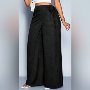 High-Waist Black Wrap Wide-Leg Pants